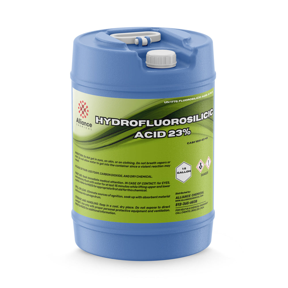 15-gallon blue HDPE drum of Hydrofluorosilicic Acid 23% (HFS) with hazard warning labels, Alliance Chemical branding, and dual-port lid system.